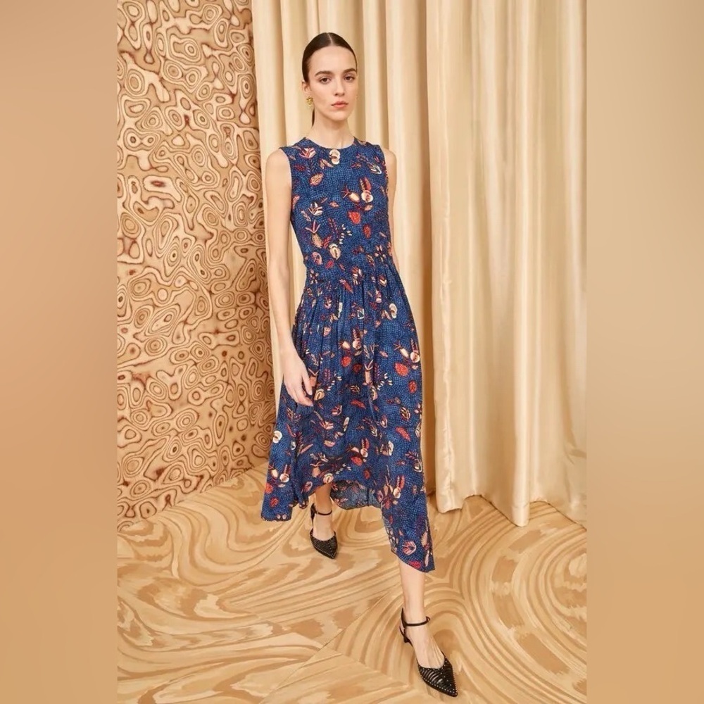 Ulla Johnson Luca Silk Floral Sleeveless A Line Midi Maxi Dress Blue Dahlia